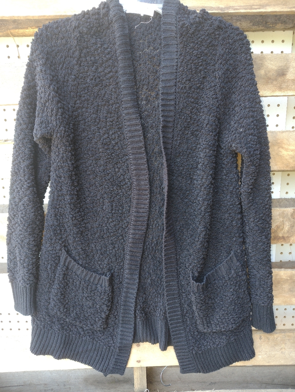 Zanzea Black Textured Open-Front Cardigan with Pockets